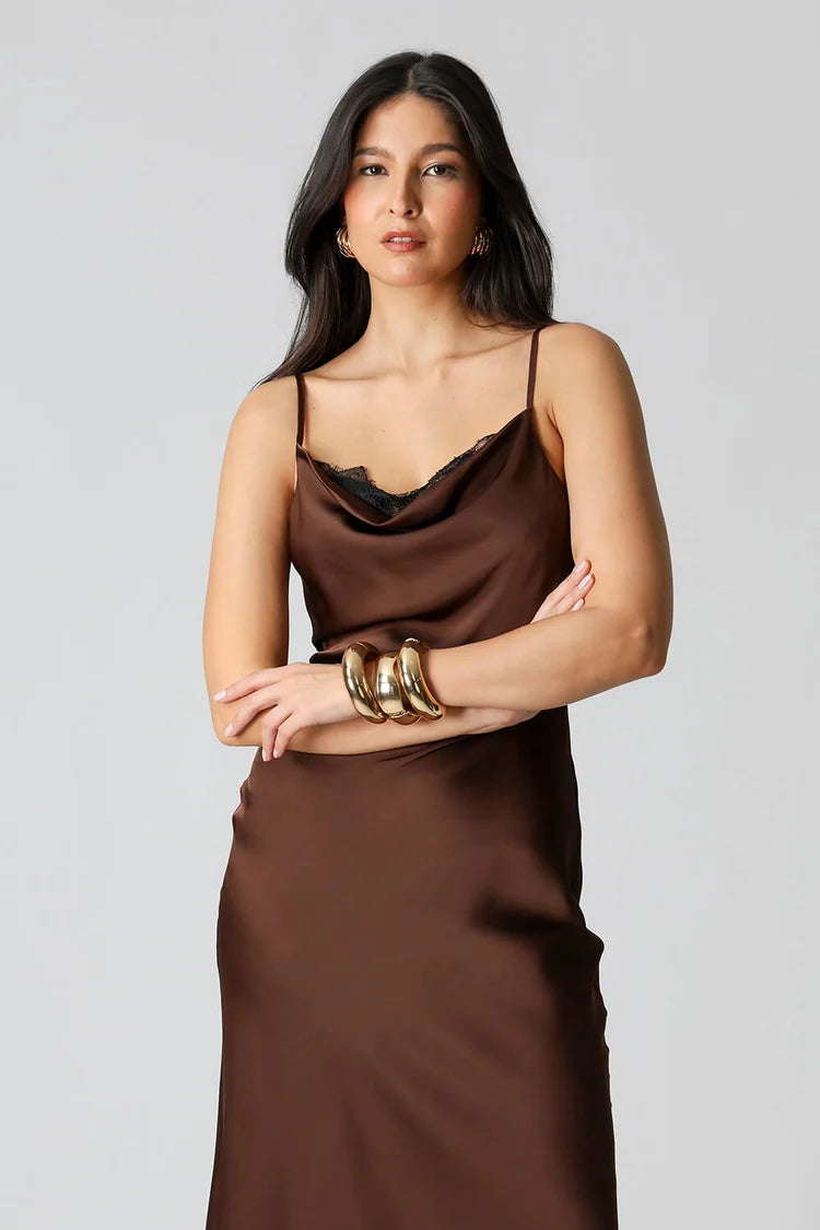 Satin Dress with Cowl Neck and Lace