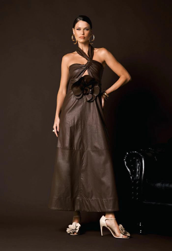 Midi Leather Dress with Neck Tie and Flower