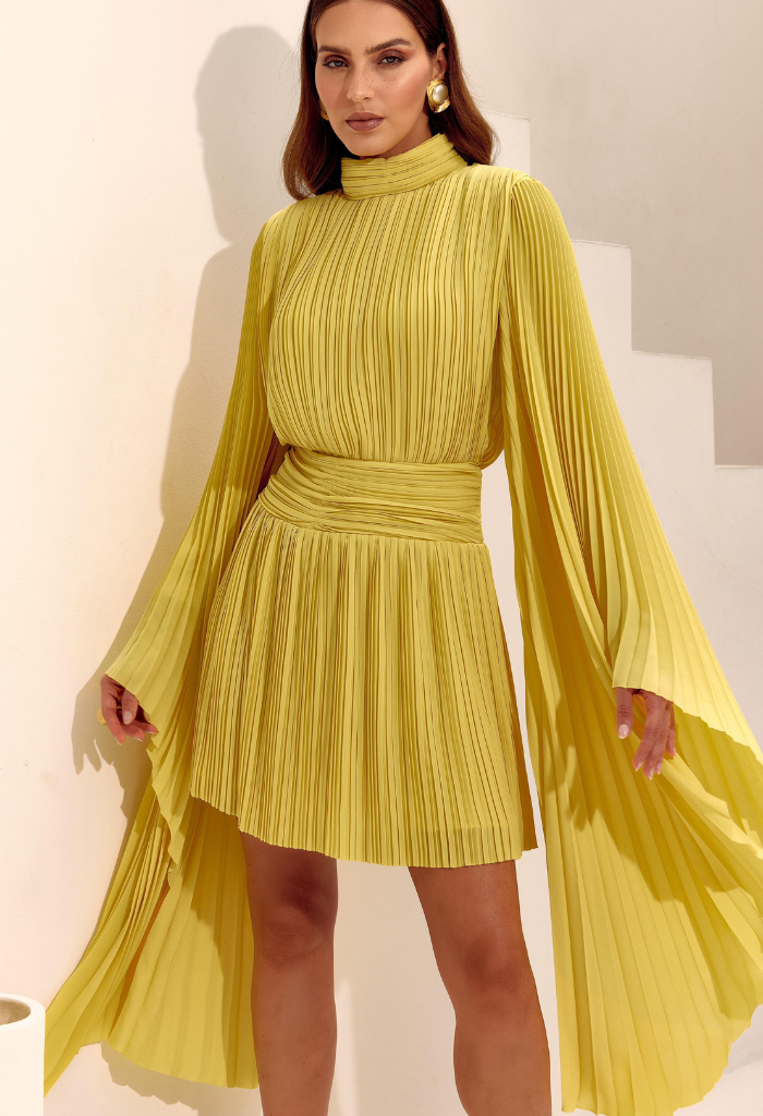 Pleated Dress with Asymmetrical Sleeves