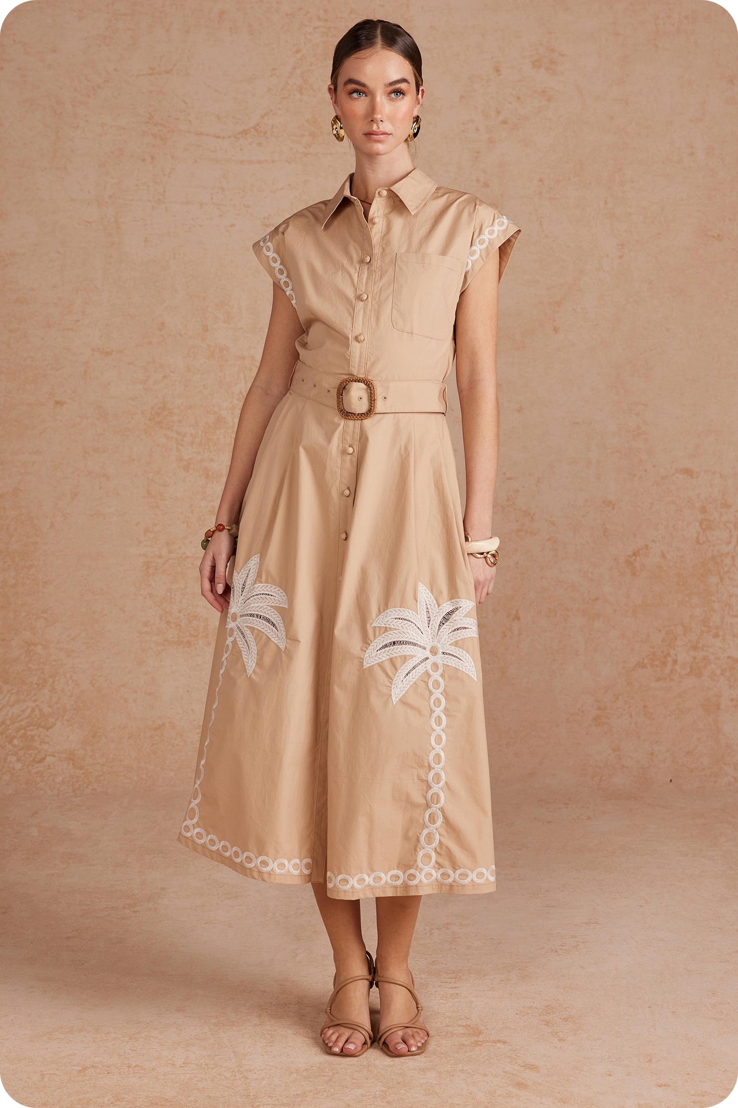 Palm Tree Embroidered Belted Midi Dress