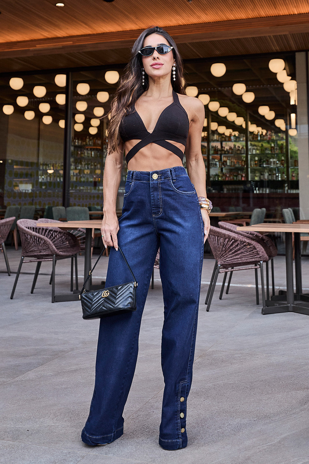 Multi Buttons Wide Leg Jeans