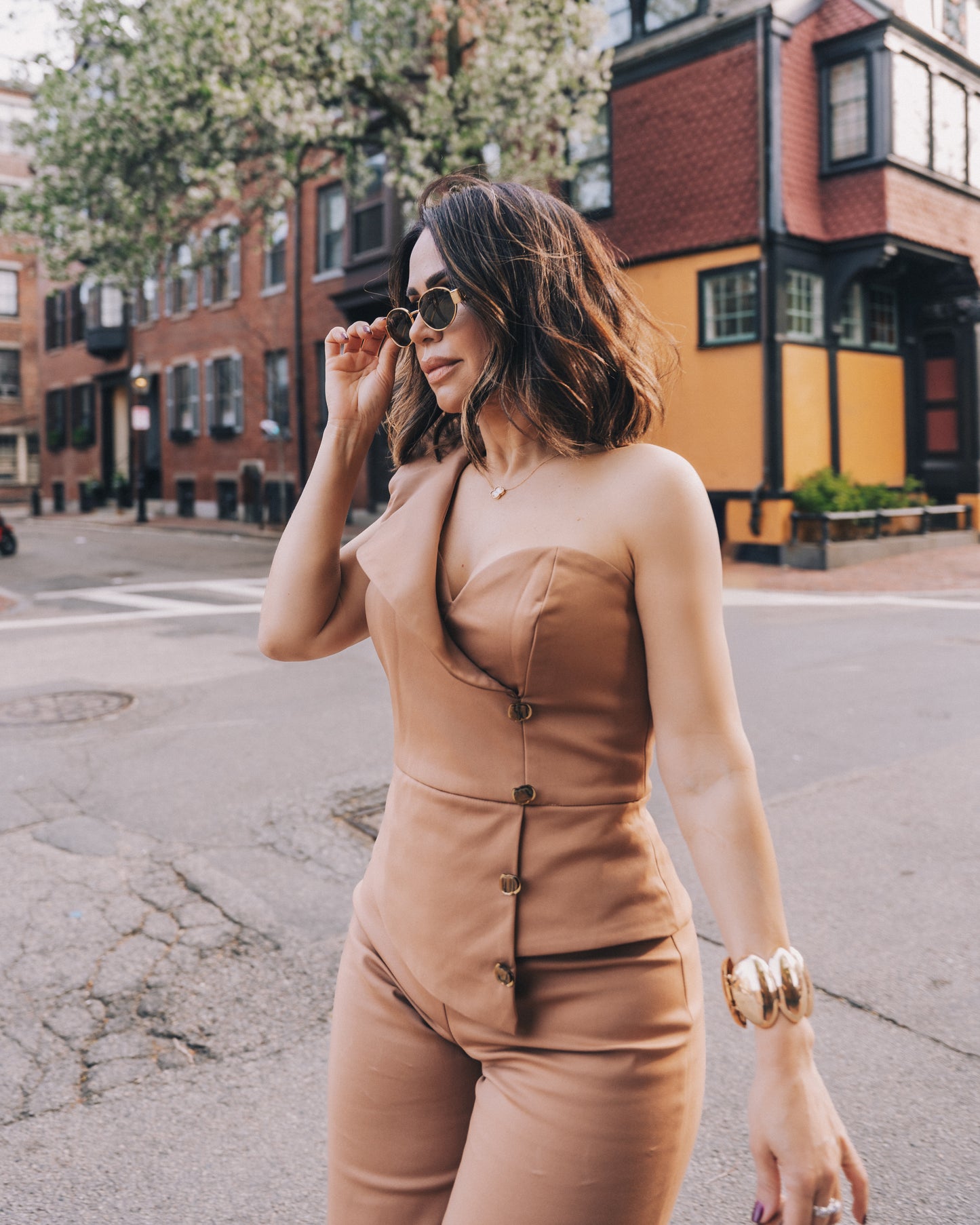 Pearl Button One-Shoulder Jumpsuit