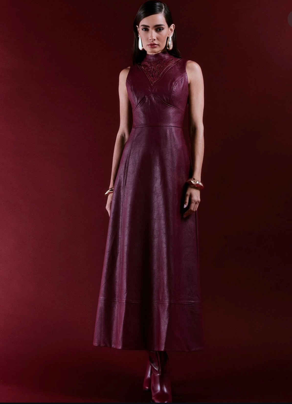 Embroidery Leather Long Dress