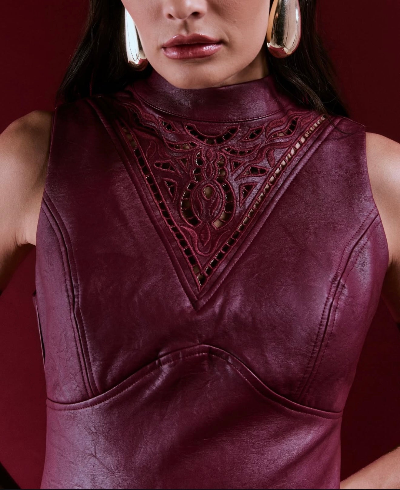 Embroidery Leather Long Dress