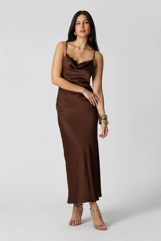 Satin Dress with Cowl Neck and Lace