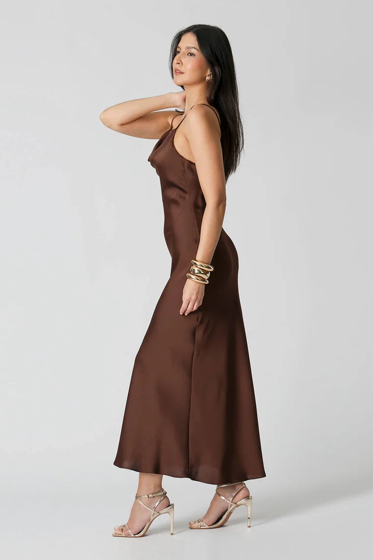 Satin Dress with Cowl Neck and Lace