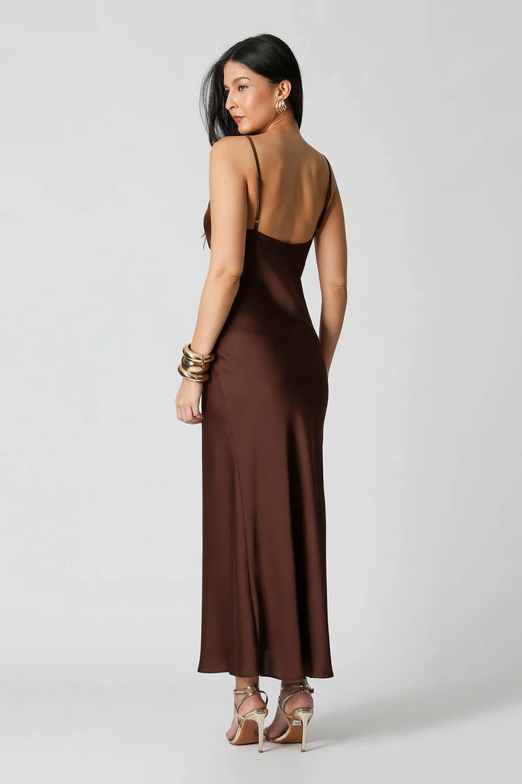 Satin Dress with Cowl Neck and Lace