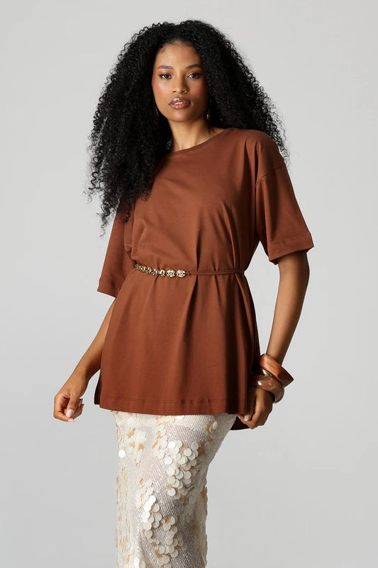 Long Oversized Brown T-Shirt with Belt