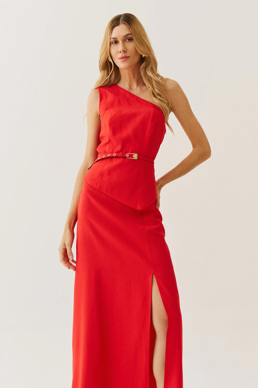 One-Shoulder Viscose Midi Dress with Belt