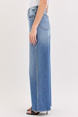High Rise Studded Wide Leg Jeans