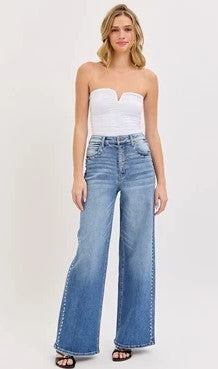 High Rise Studded Wide Leg Jeans
