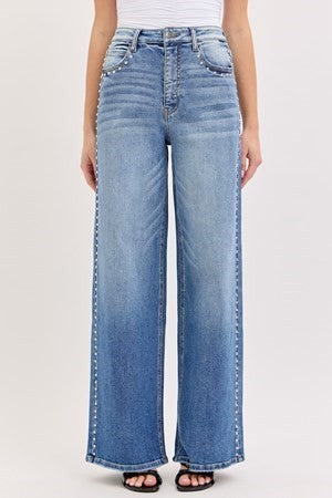 High Rise Studded Wide Leg Jeans
