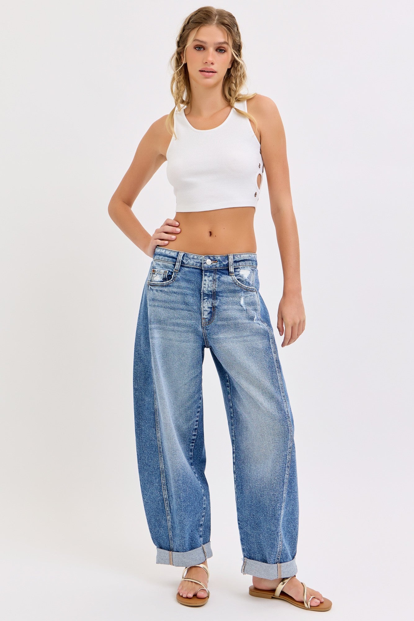 Waist Barrel Leg Rolled Jeans