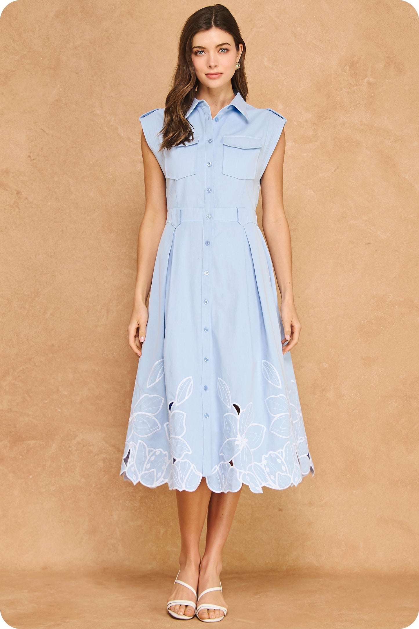 Floral Cut-out Twill Midi Shirt Dress