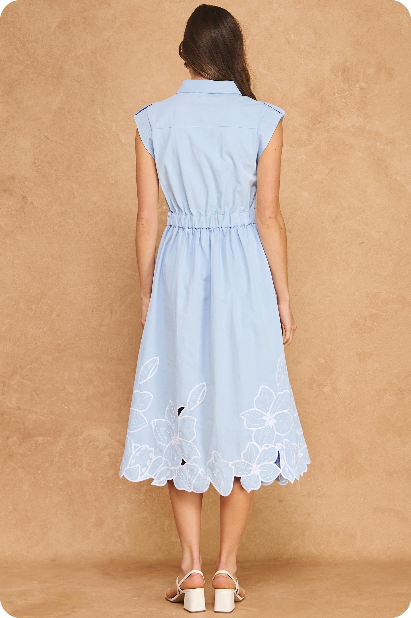 Floral Cut-out Twill Midi Shirt Dress