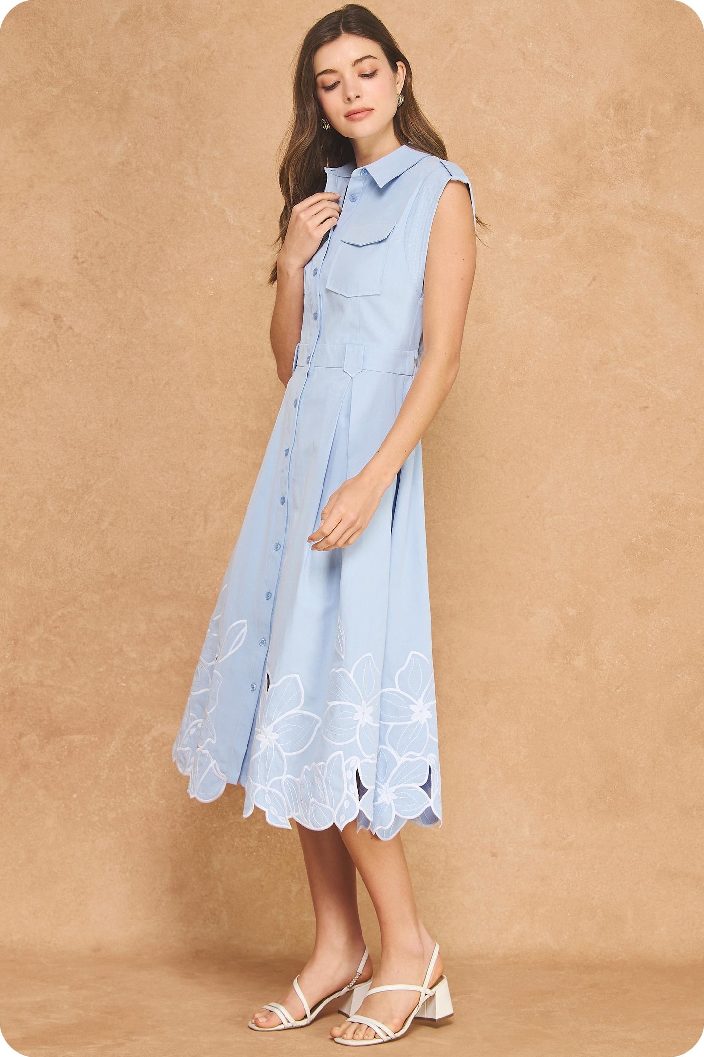 Floral Cut-out Twill Midi Shirt Dress