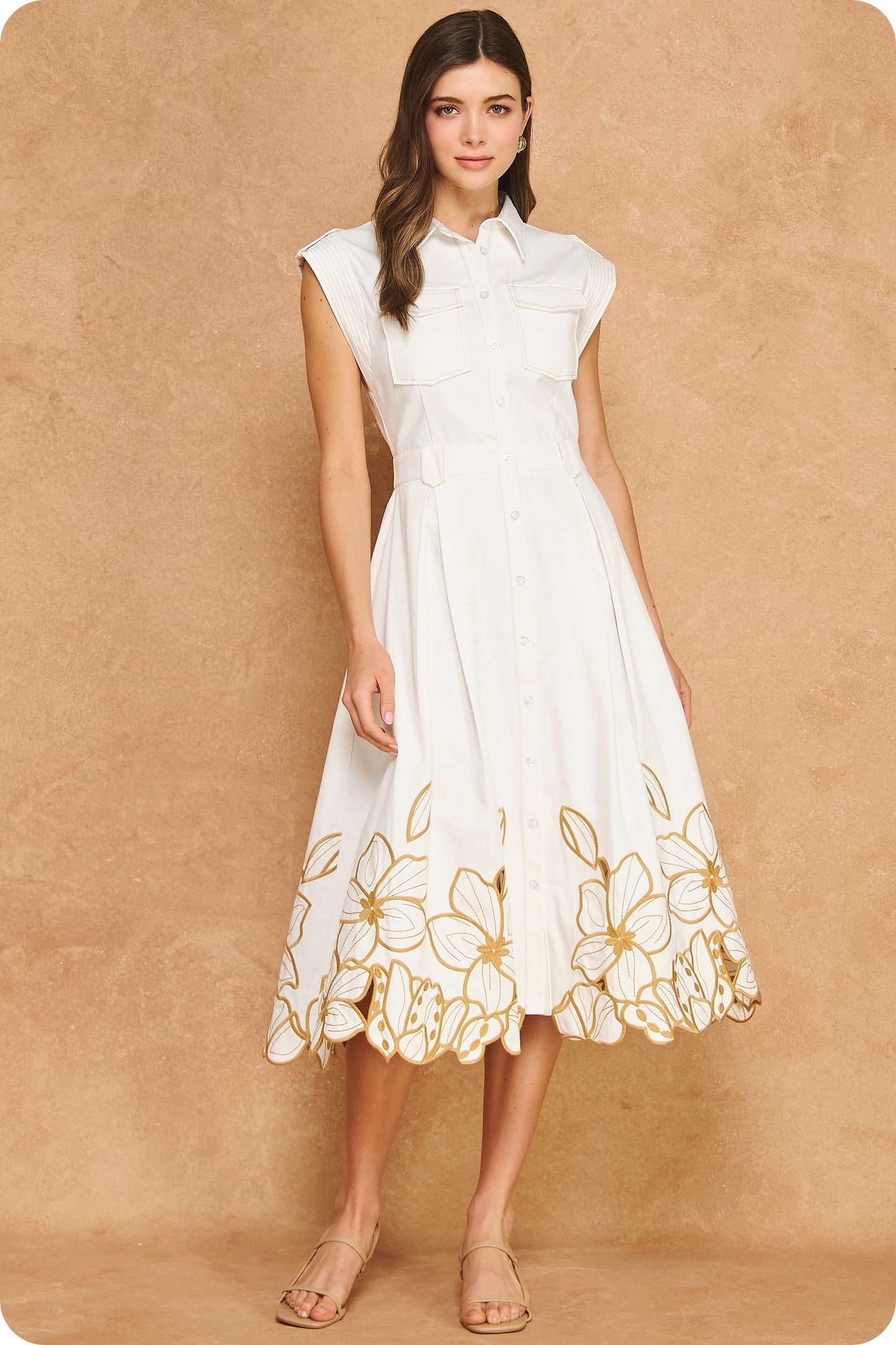 Floral Cut-out Twill Midi Shirt Dress