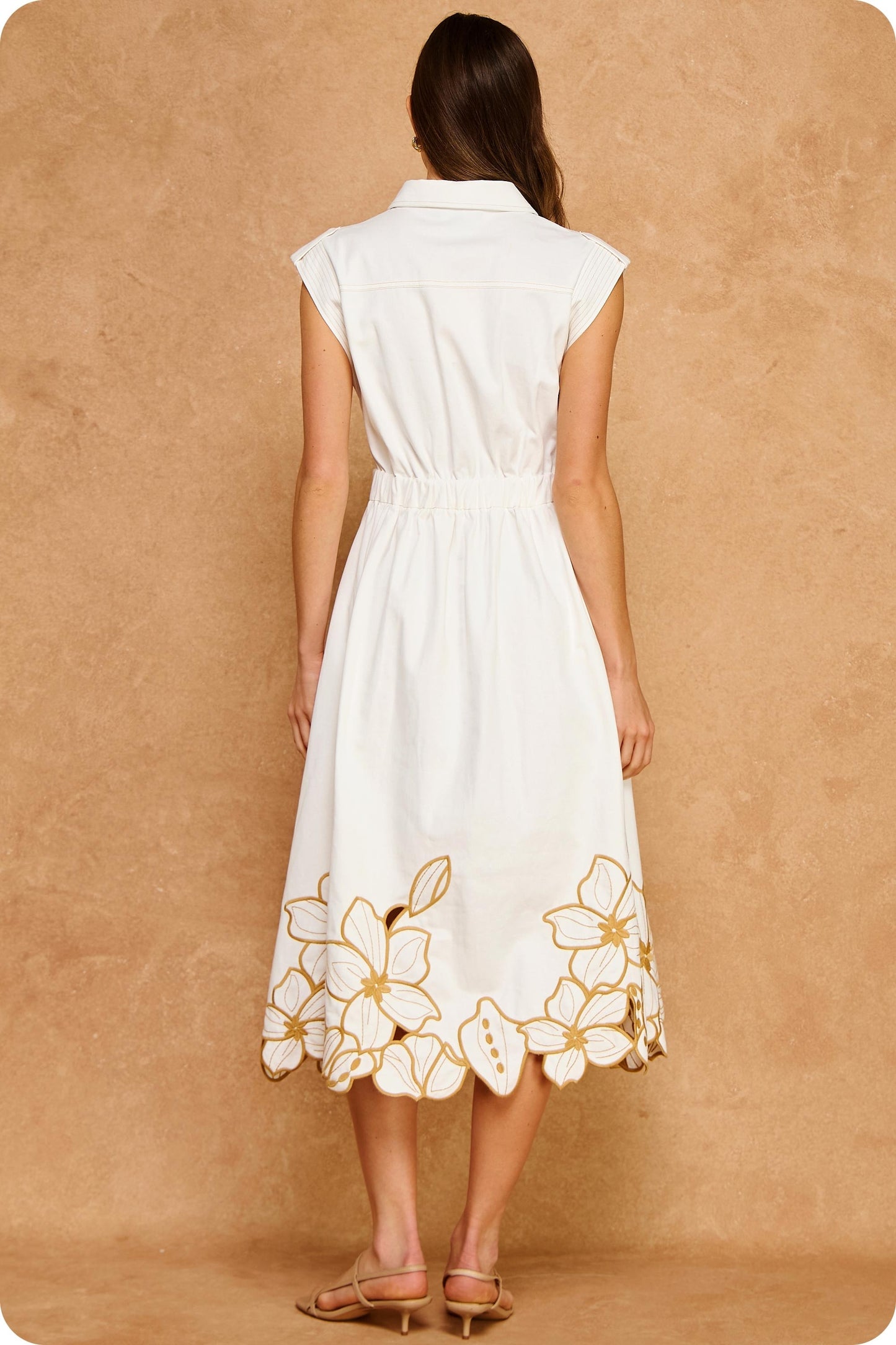 Floral Cut-out Twill Midi Shirt Dress