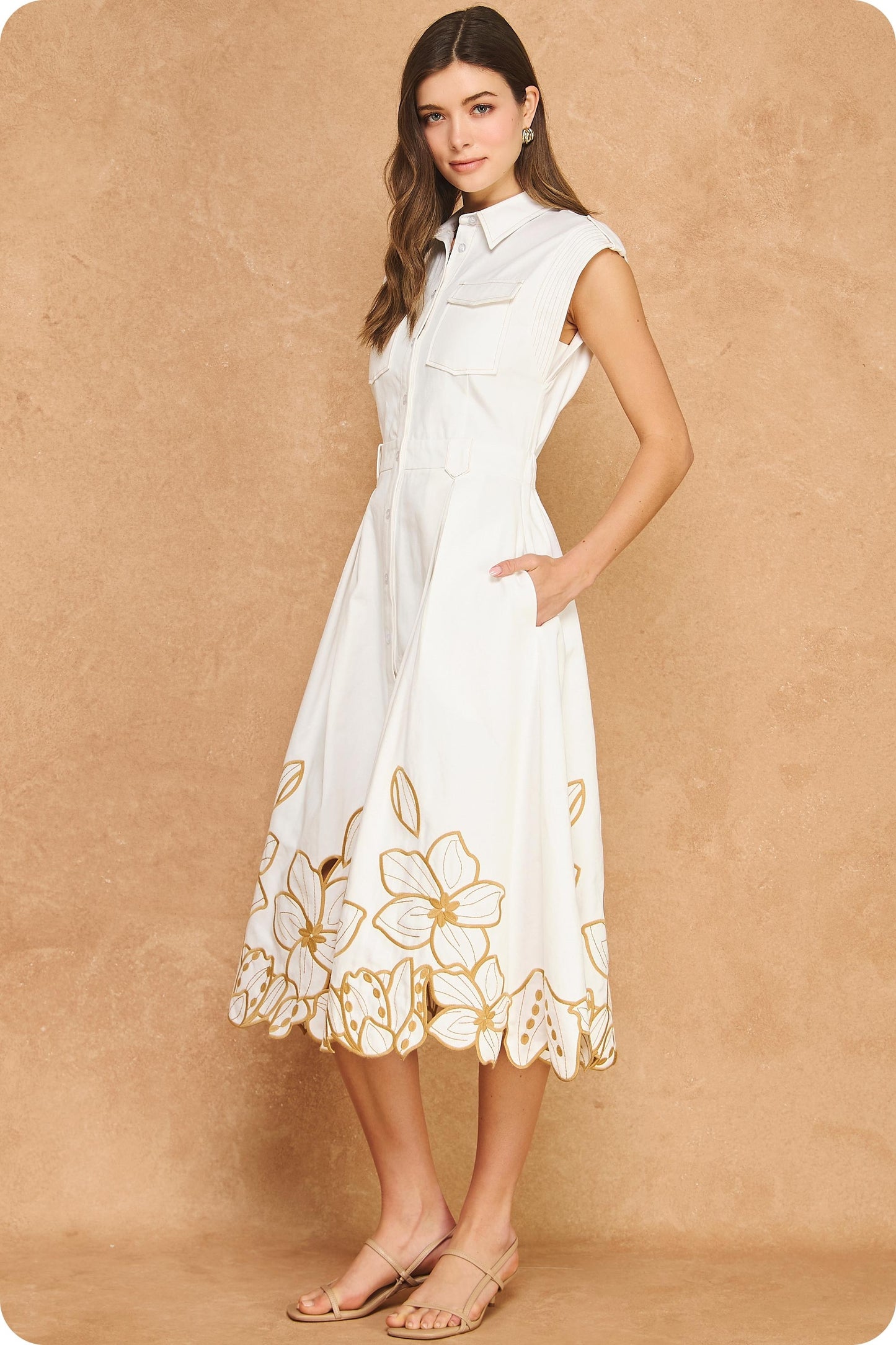 Floral Cut-out Twill Midi Shirt Dress