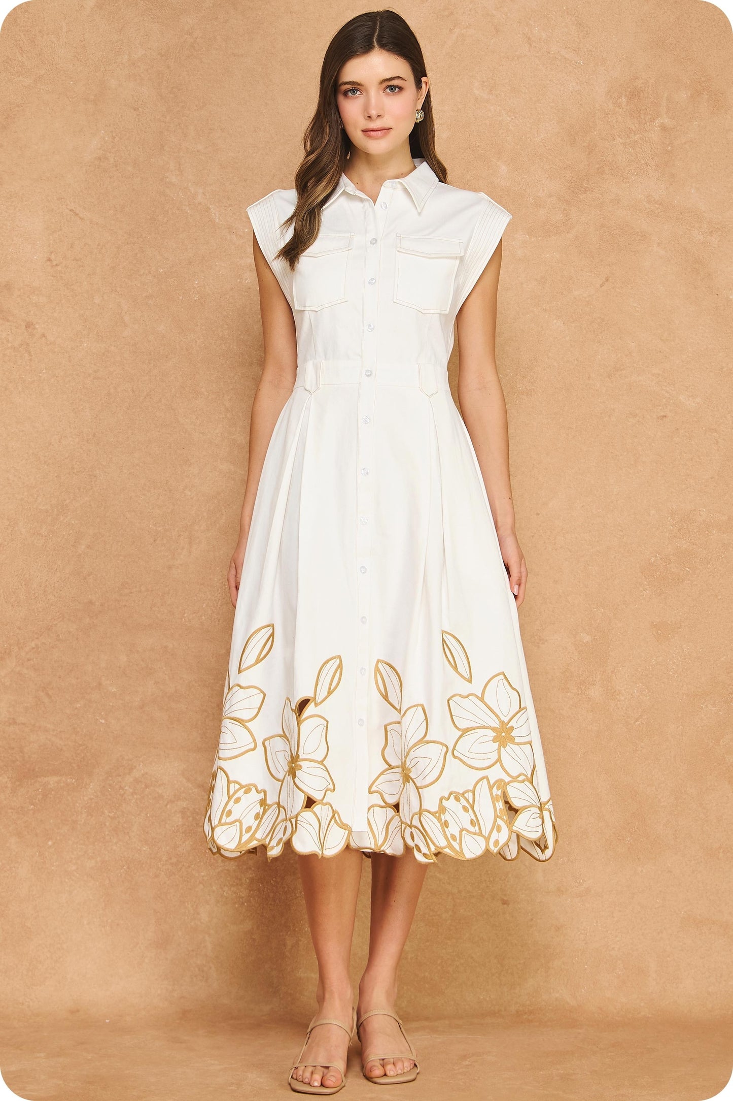 Floral Cut-out Twill Midi Shirt Dress
