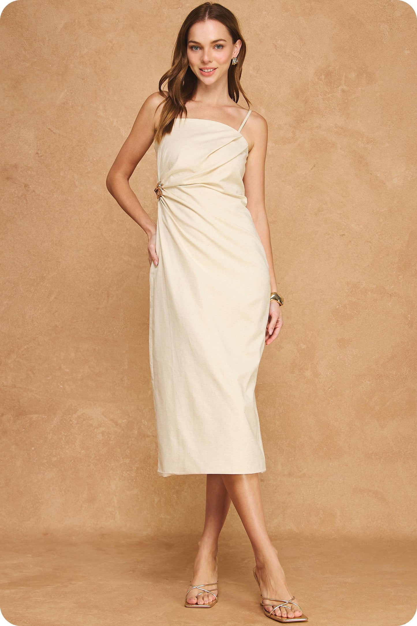 Elegant Gather Linen Midi Dress