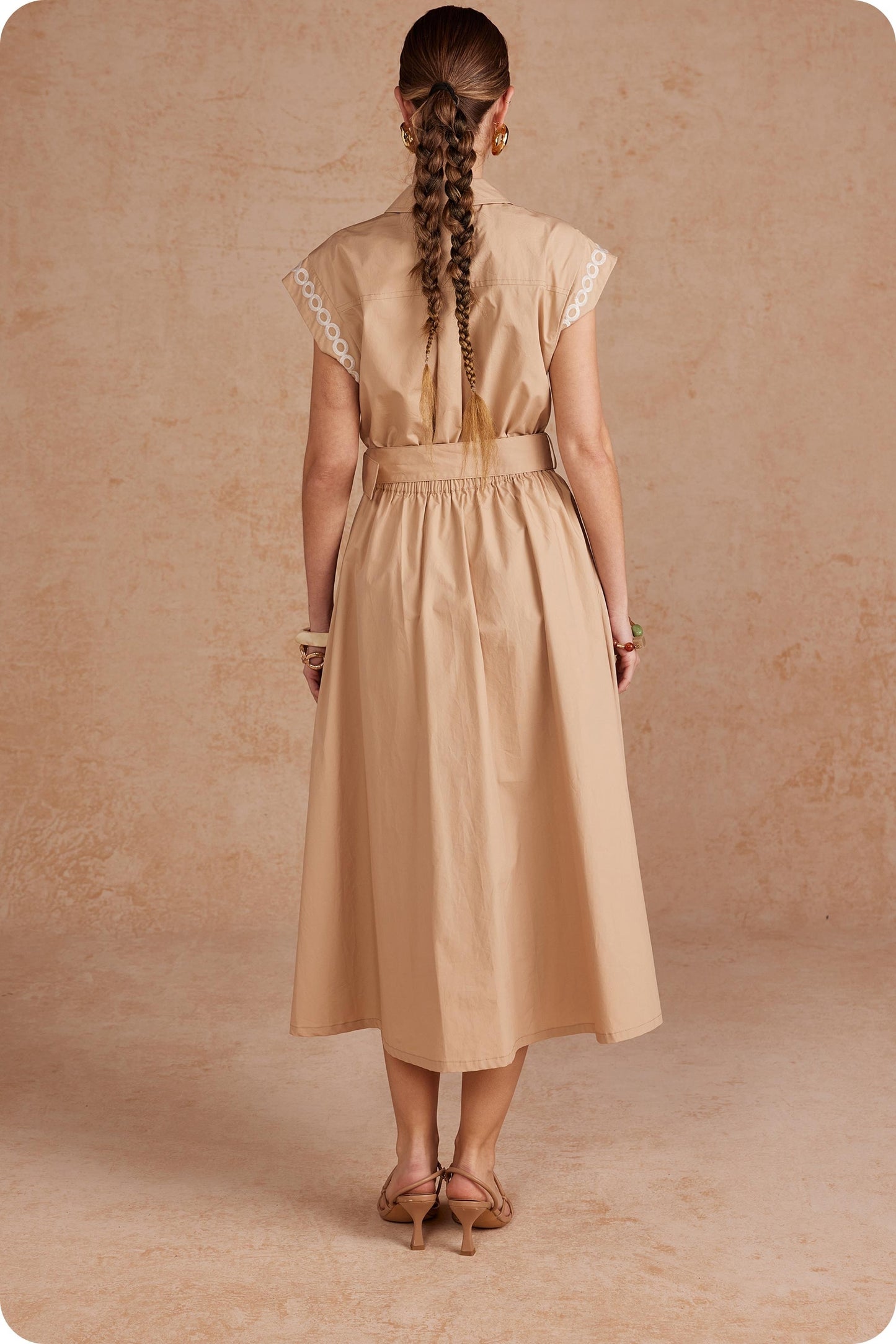 Palm Tree Embroidered Belted Midi Dress