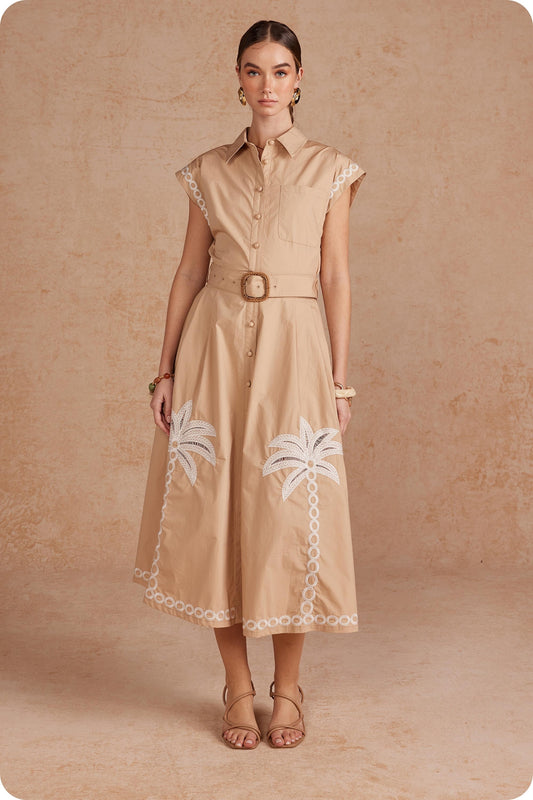 Palm Tree Embroidered Belted Midi Dress