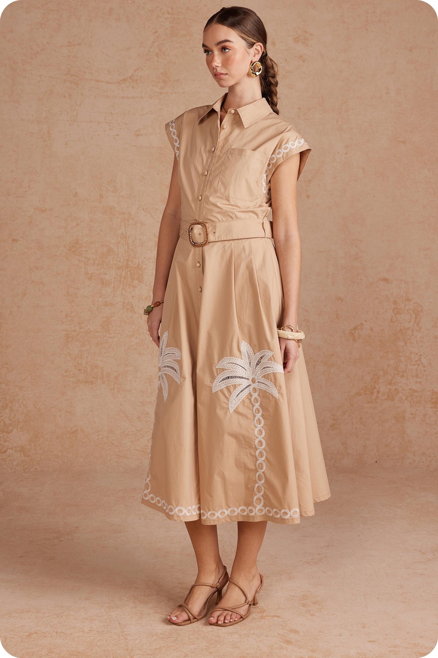 Palm Tree Embroidered Belted Midi Dress