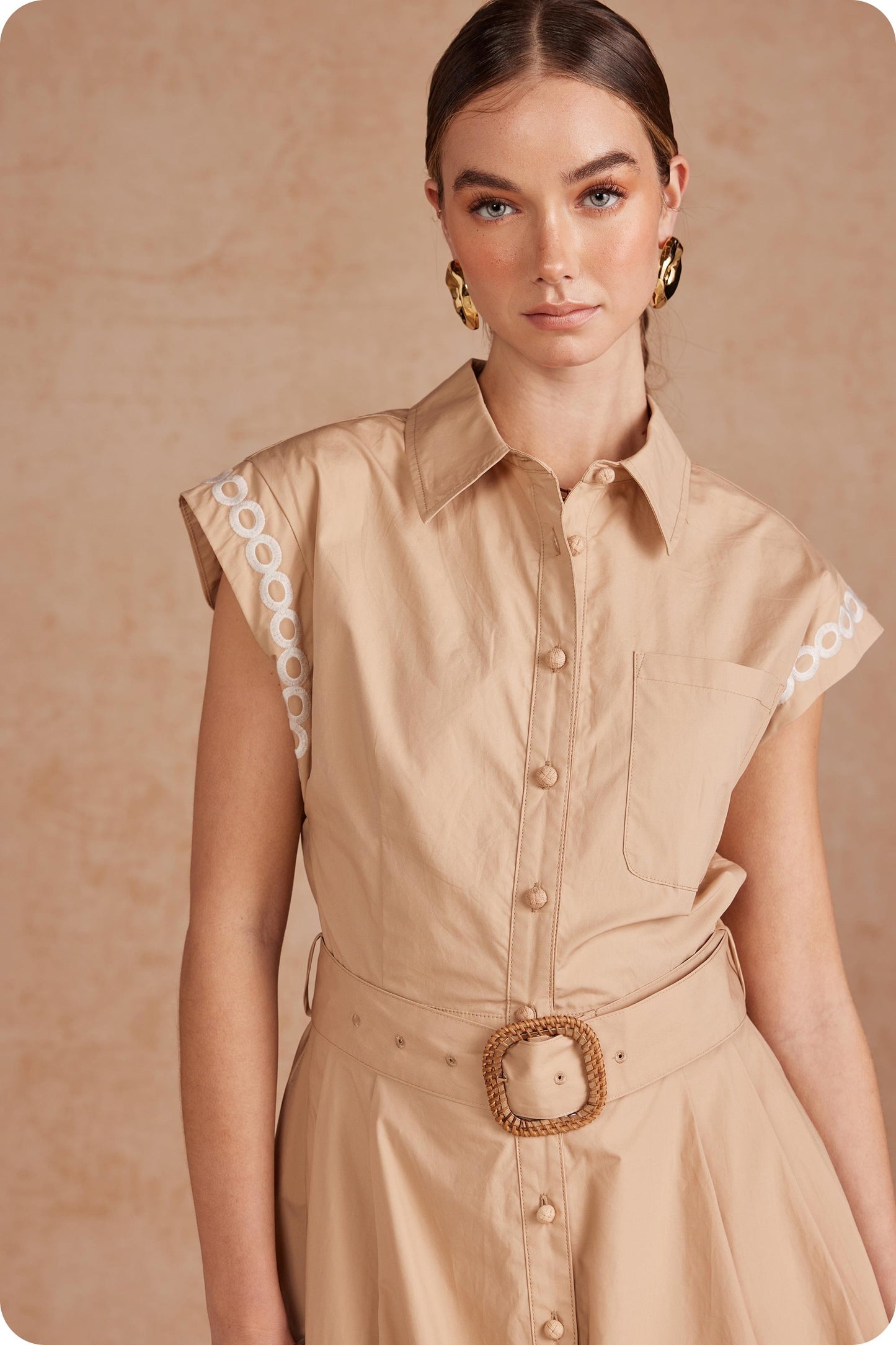 Palm Tree Embroidered Belted Midi Dress