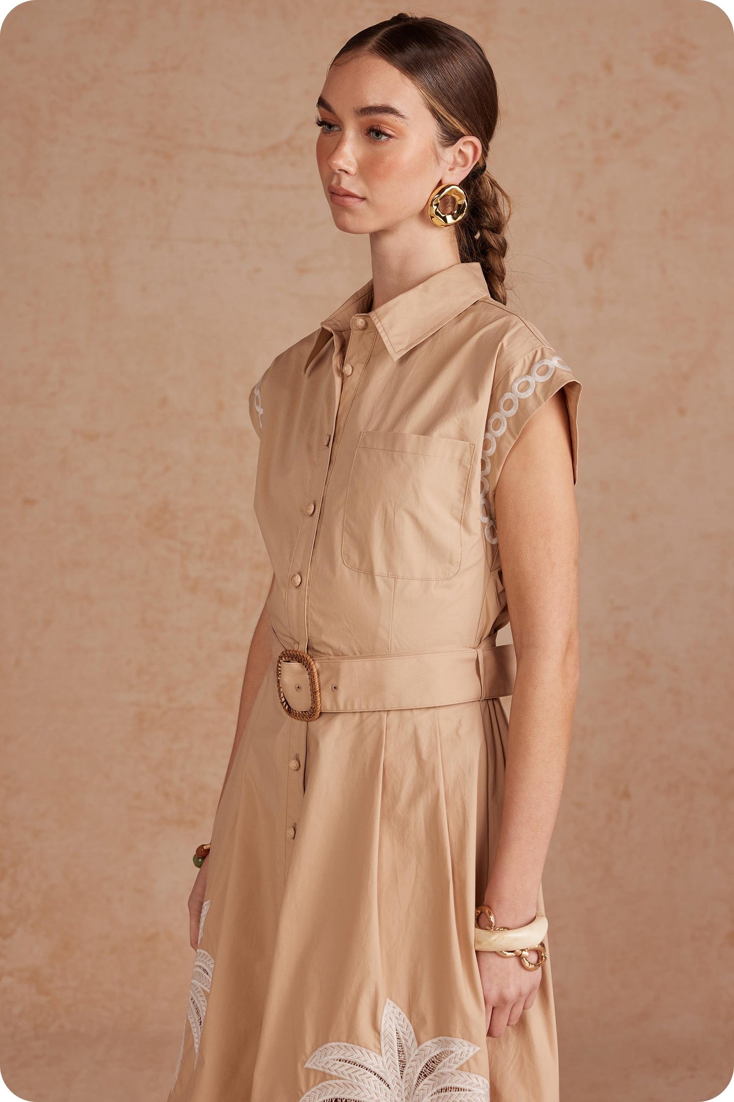 Palm Tree Embroidered Belted Midi Dress
