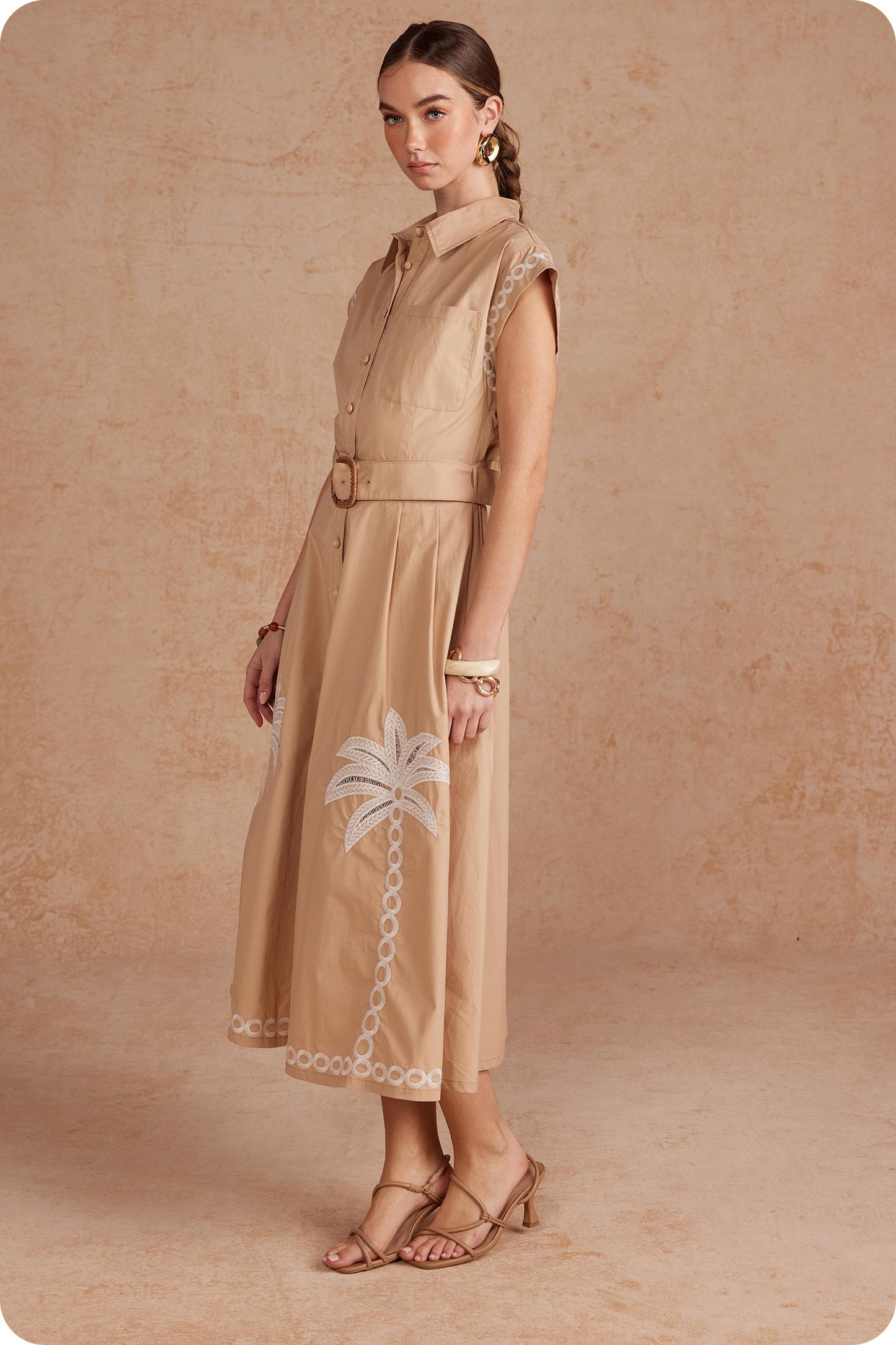 Palm Tree Embroidered Belted Midi Dress