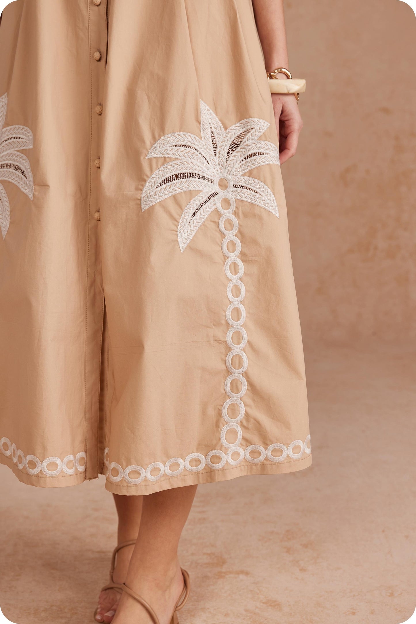 Palm Tree Embroidered Belted Midi Dress
