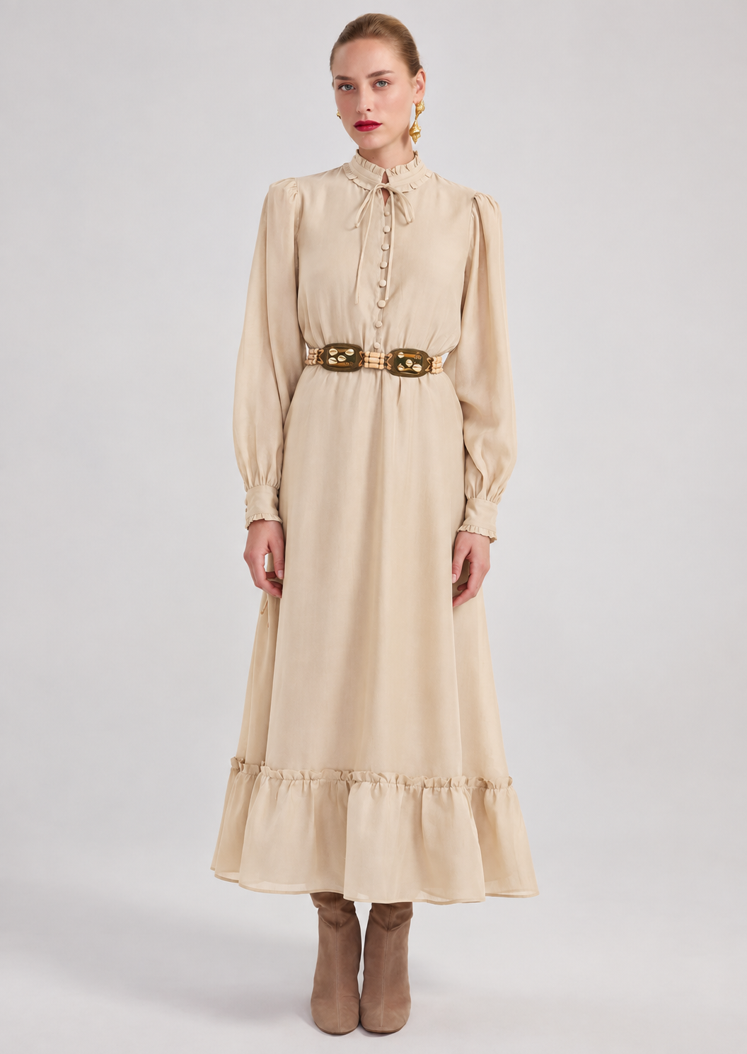 Harumi Lyocell Maxi Midi Dress with Puff Sleeves