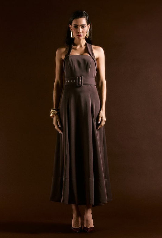 Halterneck Midi Dress with Belt