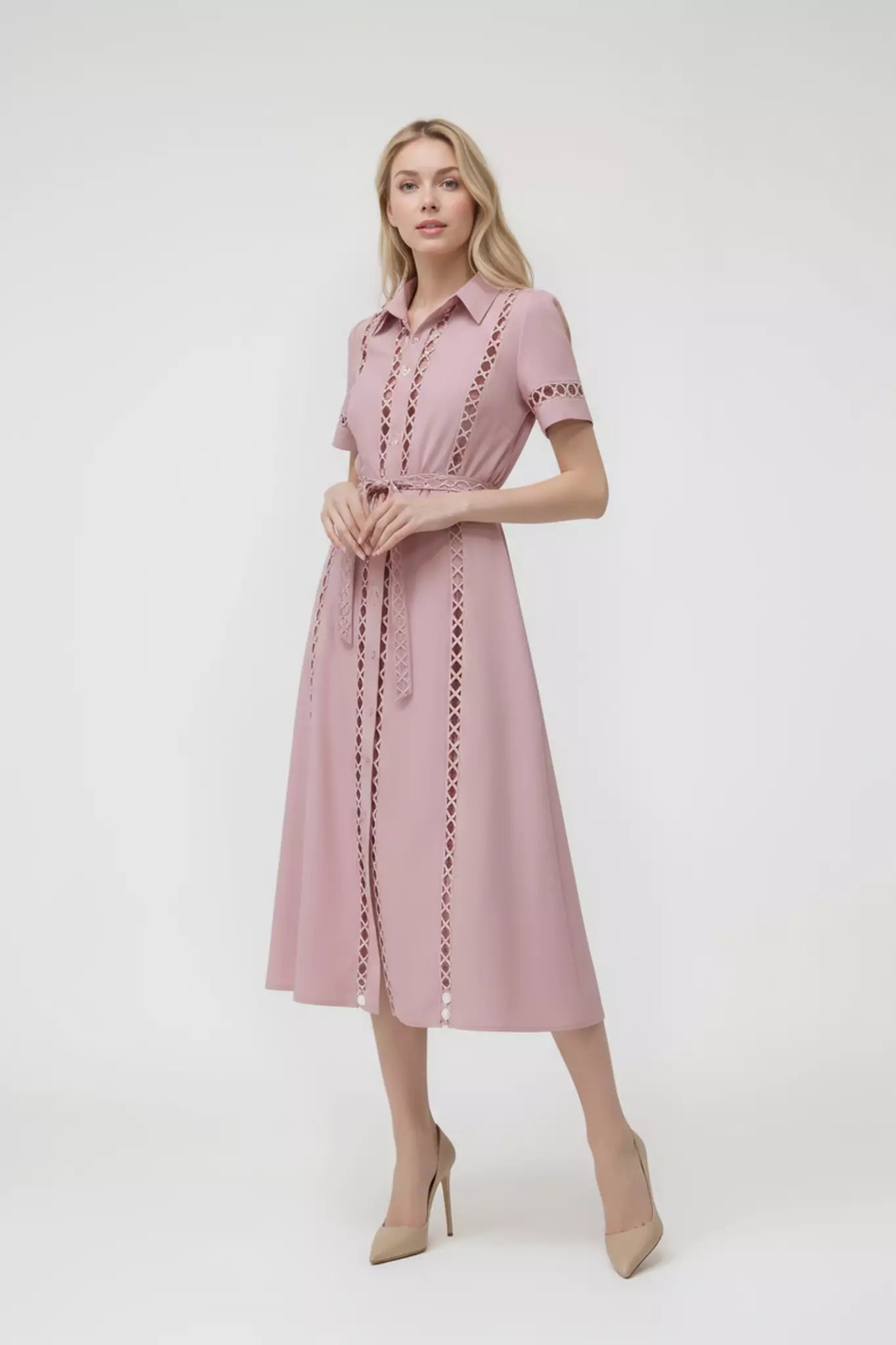 Guipure Lace Midi Dress with Belt