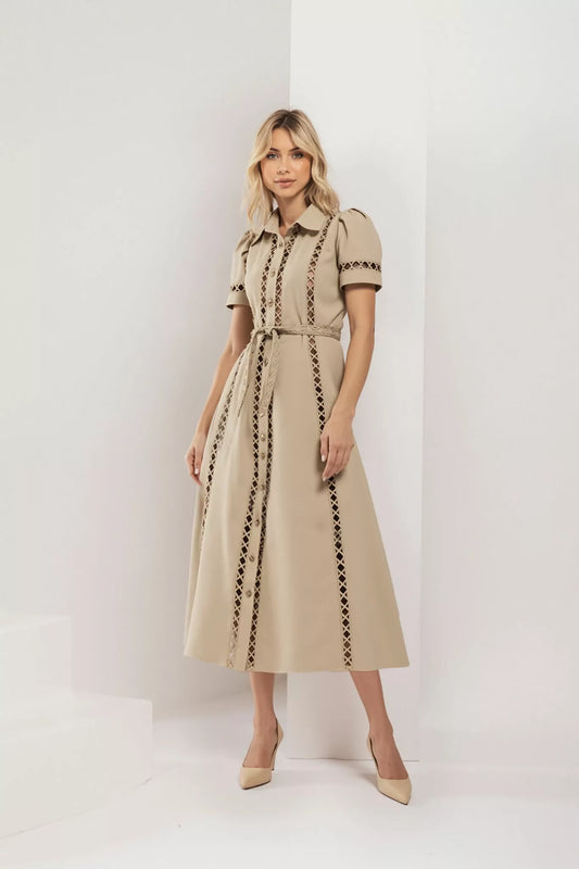 Guipure Lace Midi Dress with Belt