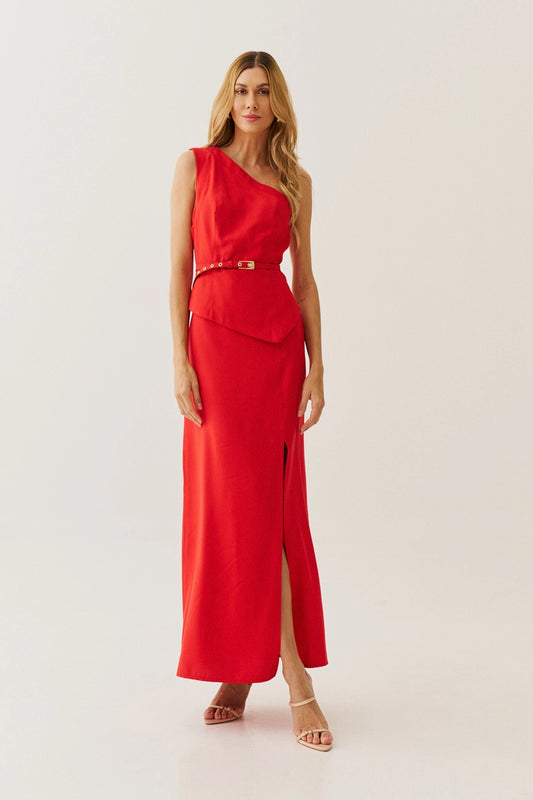 One-Shoulder Viscose Midi Dress with Belt