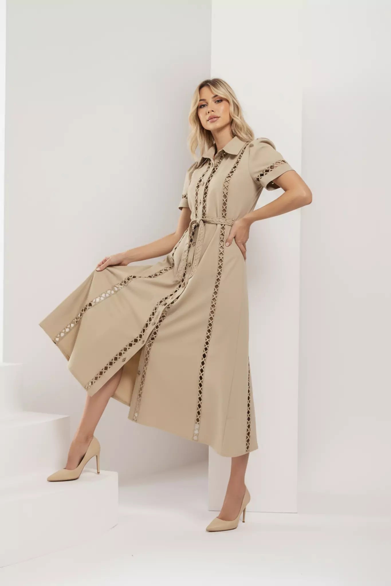 Guipure Lace Midi Dress with Belt