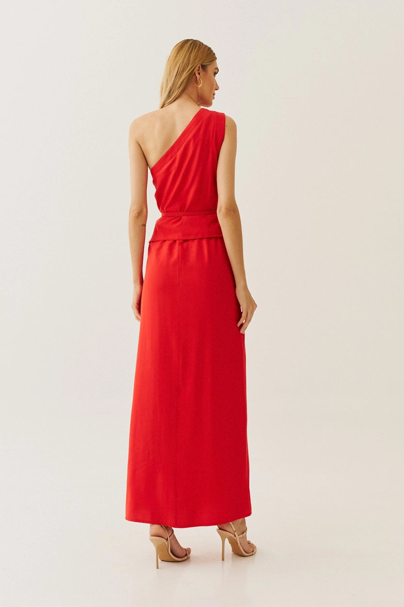 One-Shoulder Viscose Midi Dress with Belt