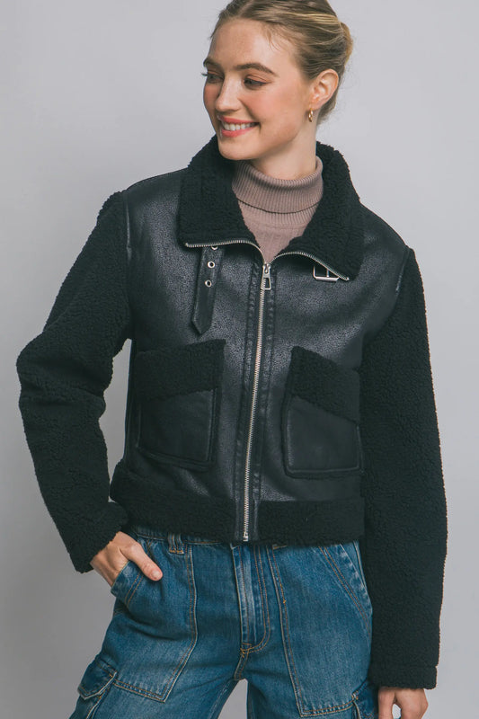 Faux Shearling and Leather Effect Jacket