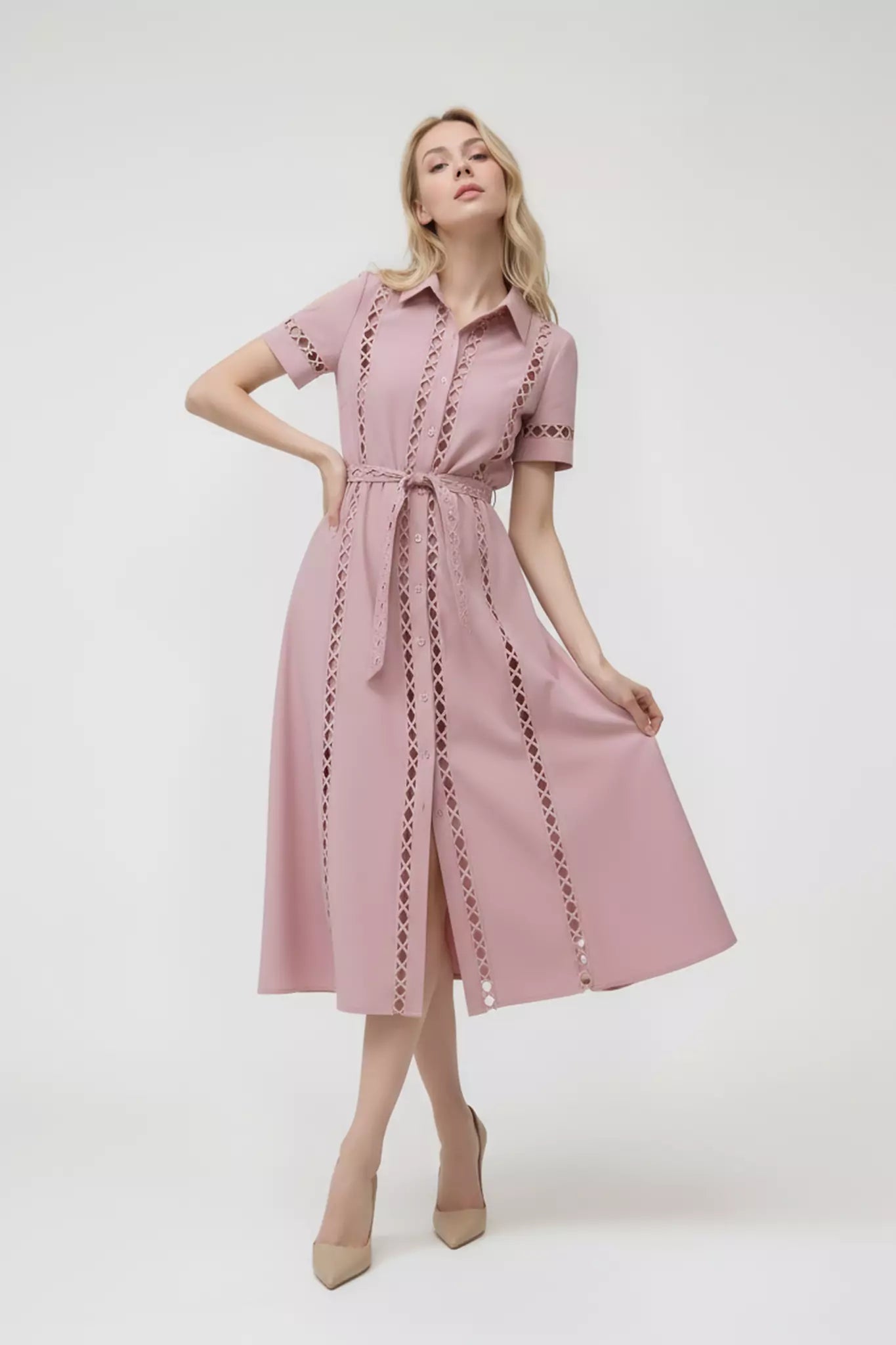 Guipure Lace Midi Dress with Belt