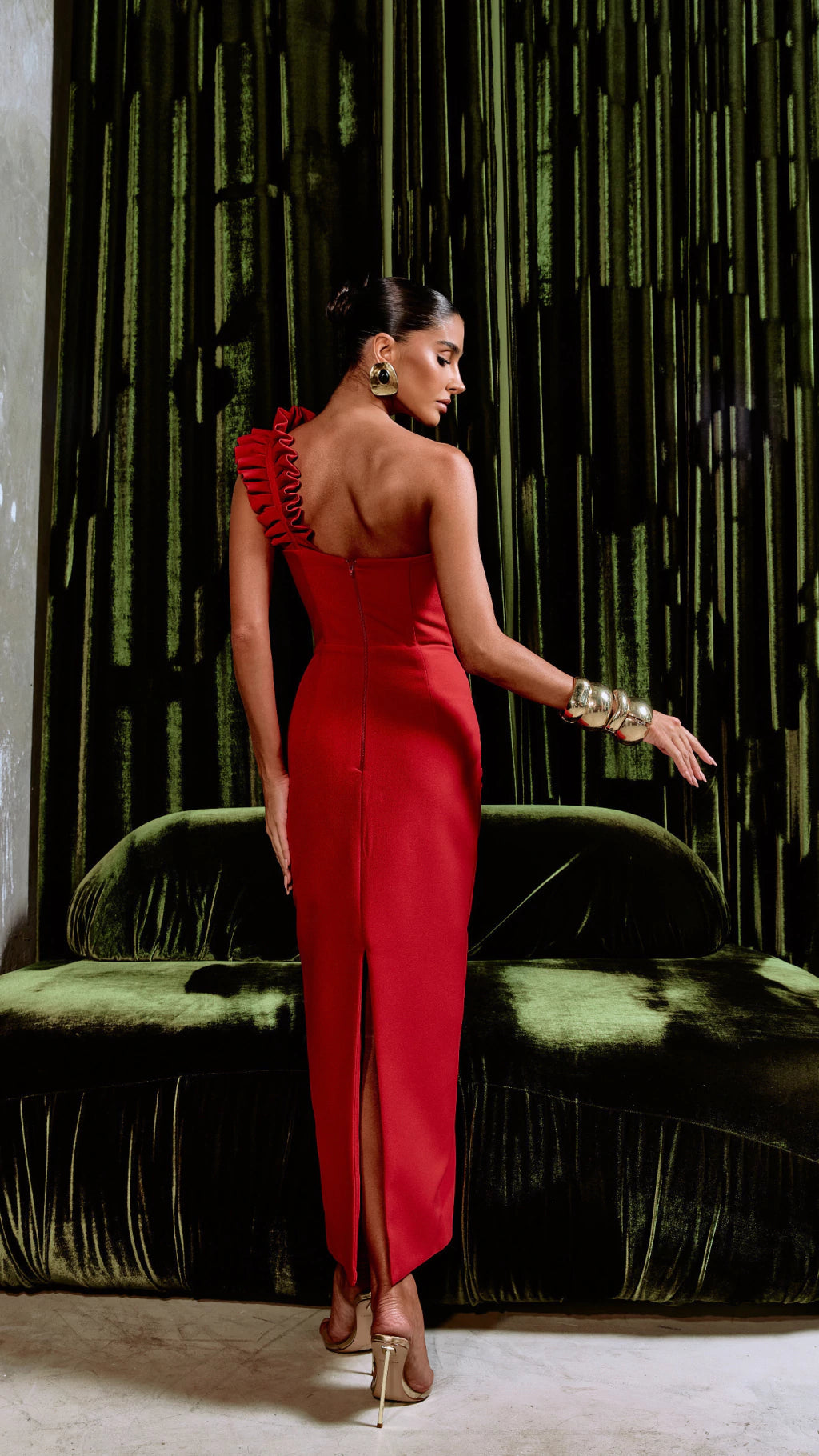 Sculptural Ruffle Midi Dress