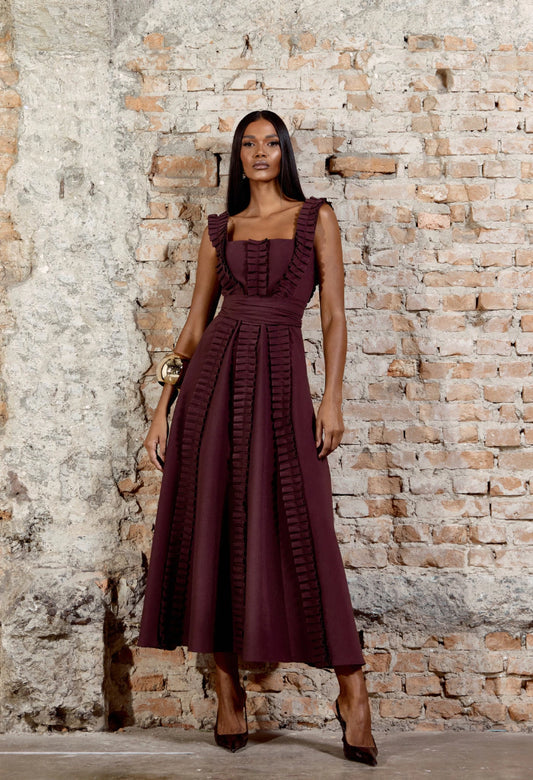 Square Neck Pleated Detail Tailored Midi Dress