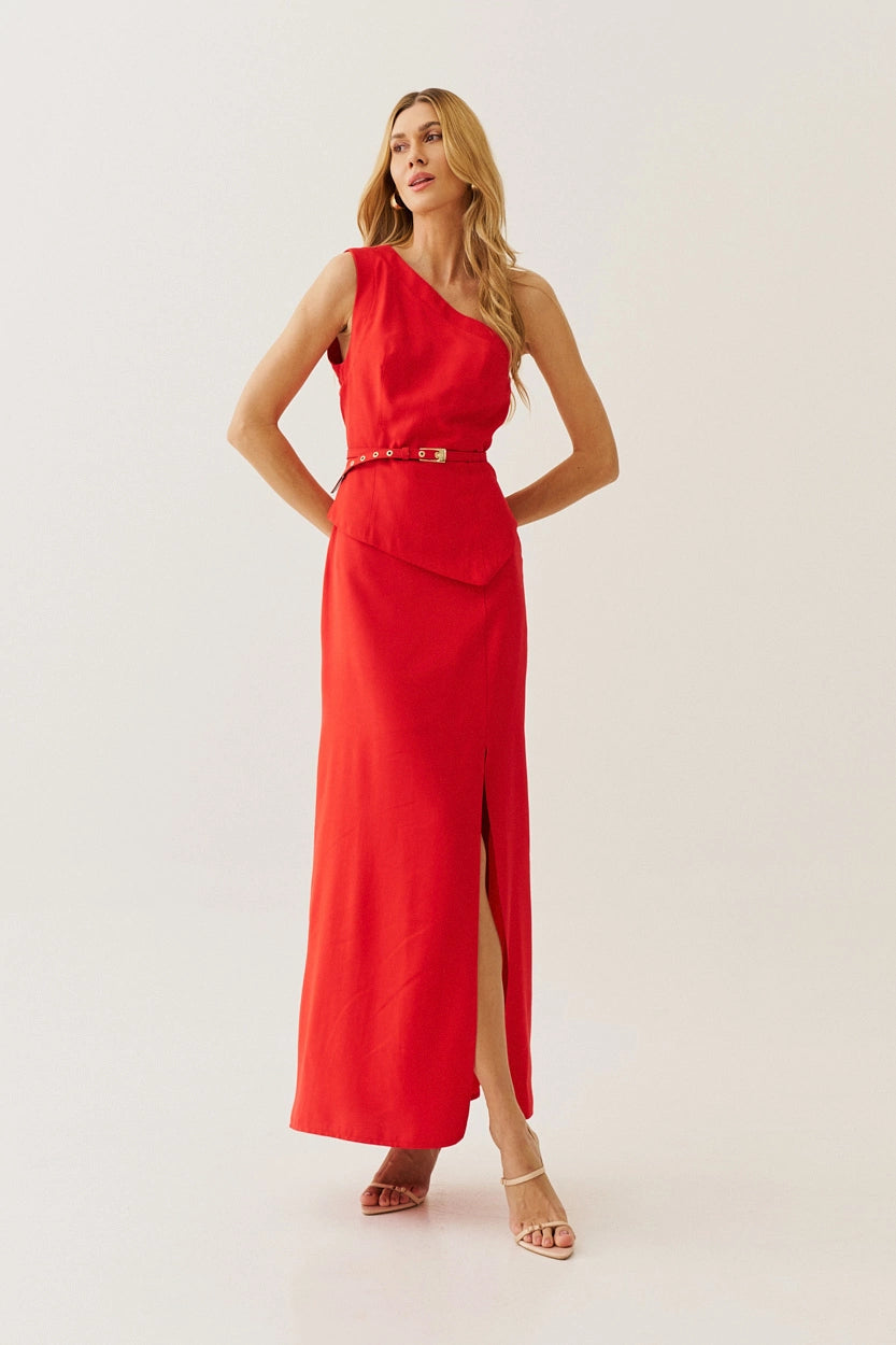 One-Shoulder Viscose Midi Dress with Belt