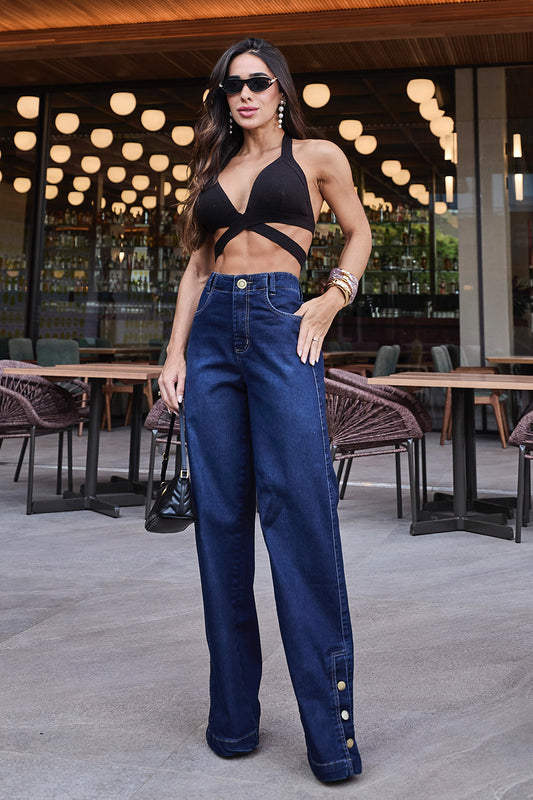 Multi Buttons Wide Leg Jeans