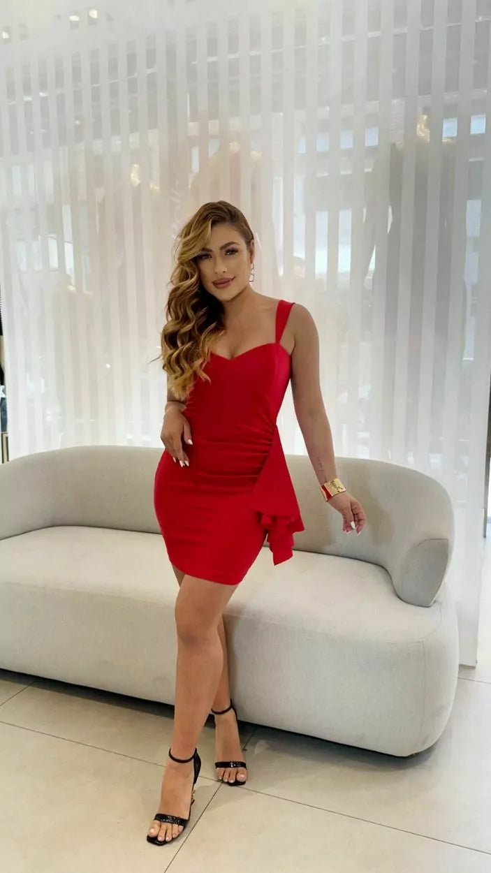 Asymmetric Straps Ruffled Mini Dress