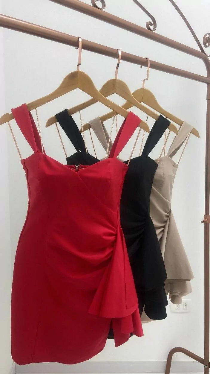 Asymmetric Straps Ruffled Mini Dress