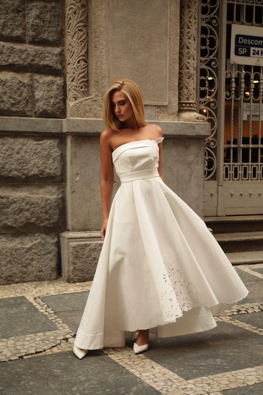 Strapless Embroidered Mullet Midi Dress
