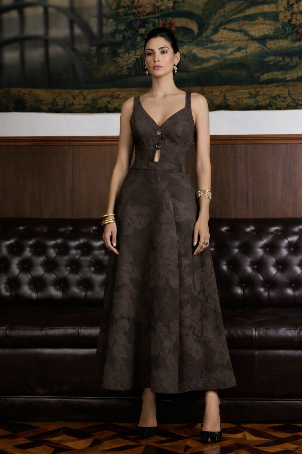 Cocoa Jacquard Midi Dress