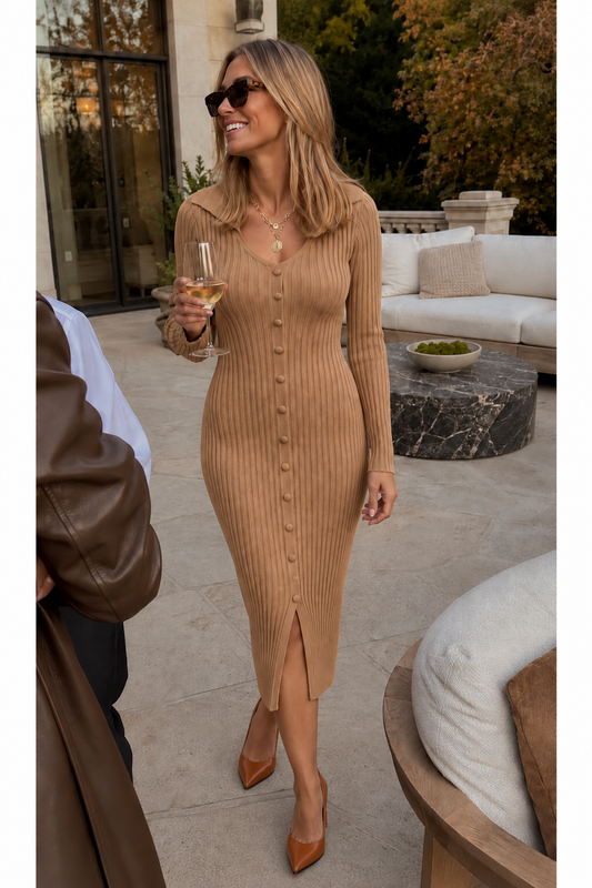 Button-Detail Ribbed Midi Dress